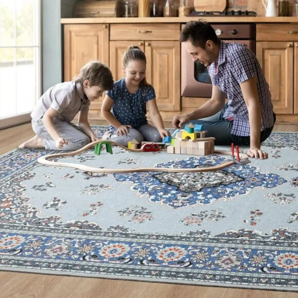 New 6x9 Grey Blue Area Rug, Washable Vintage Low Pile Non-Slip Carpet for Home
